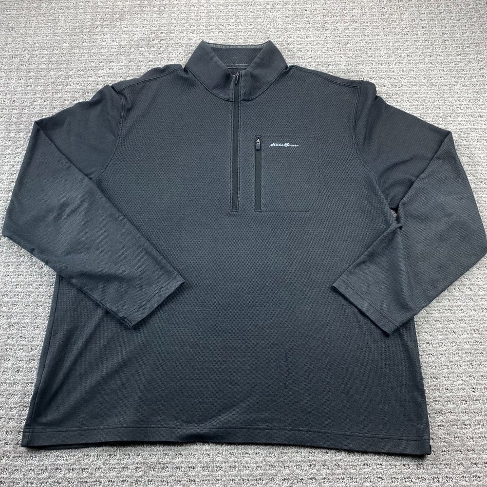 Eddie Bauer TRAVEX Sweater Shirt Men Extra Large XL Gray 1/4 Zip - PEN STAIN